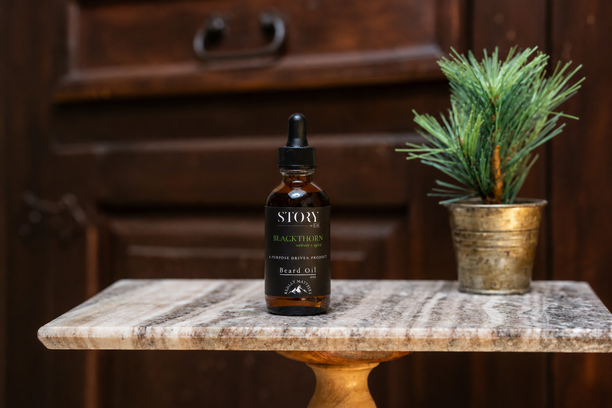 Story by RM Blackthorn beard oil bottle