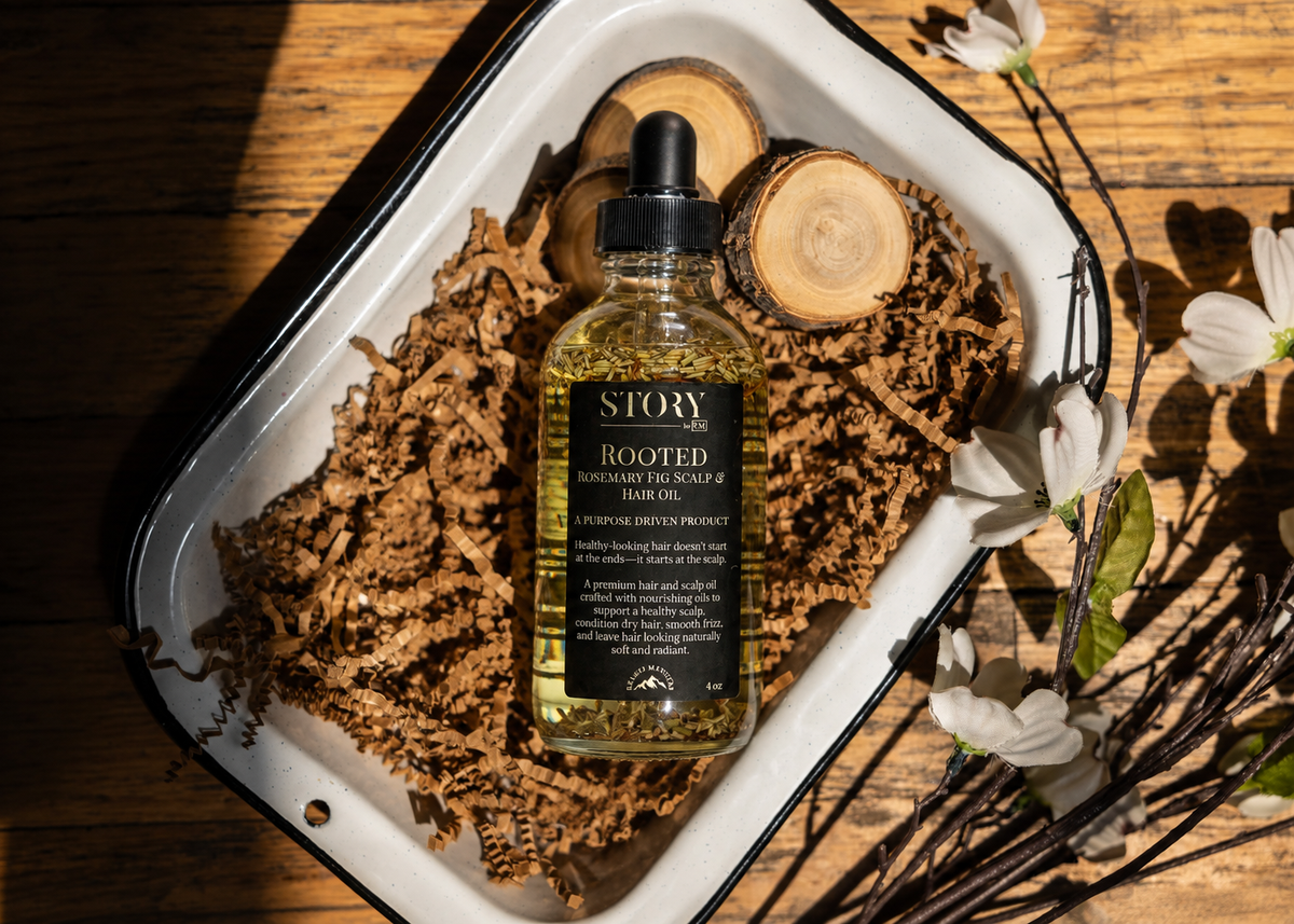Story Rooted Rosemary Fig scalp and hair oil bottle